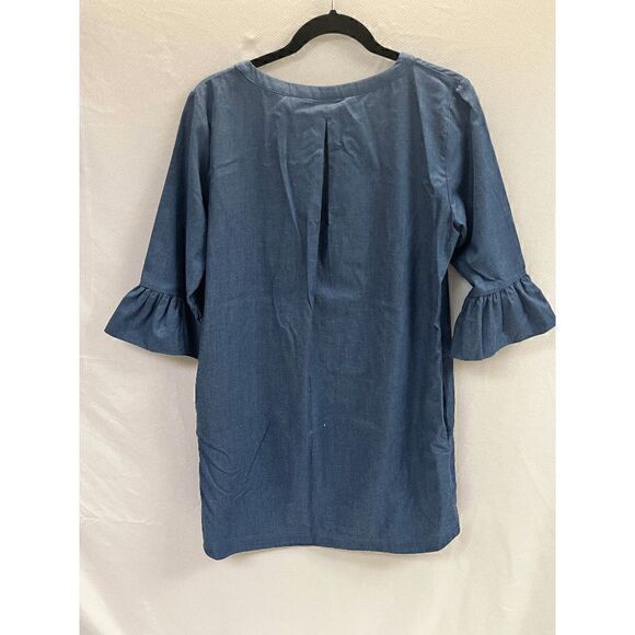 Tracy Negoshian Women's Chambray Blue Trapeze Elbow Puff Sleeve Dress with pocke - Picture 3 of 7